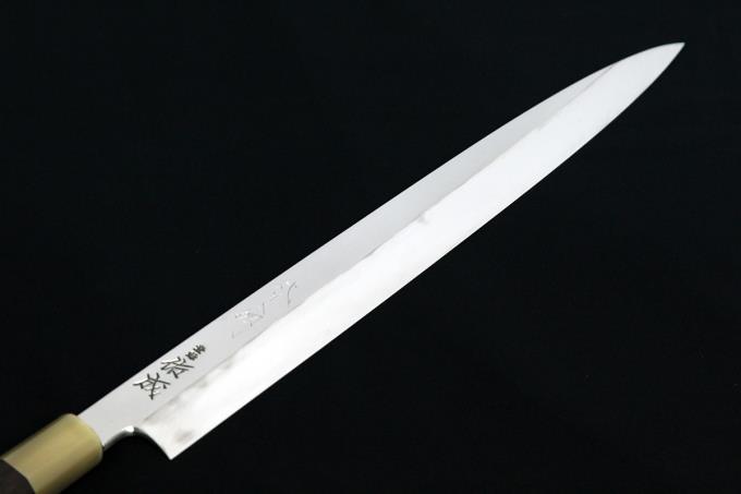 柳刃包丁 尺一 本焼 純日本鋼 鏡面 白水牛黒檀八角柄 白鞘・箱付