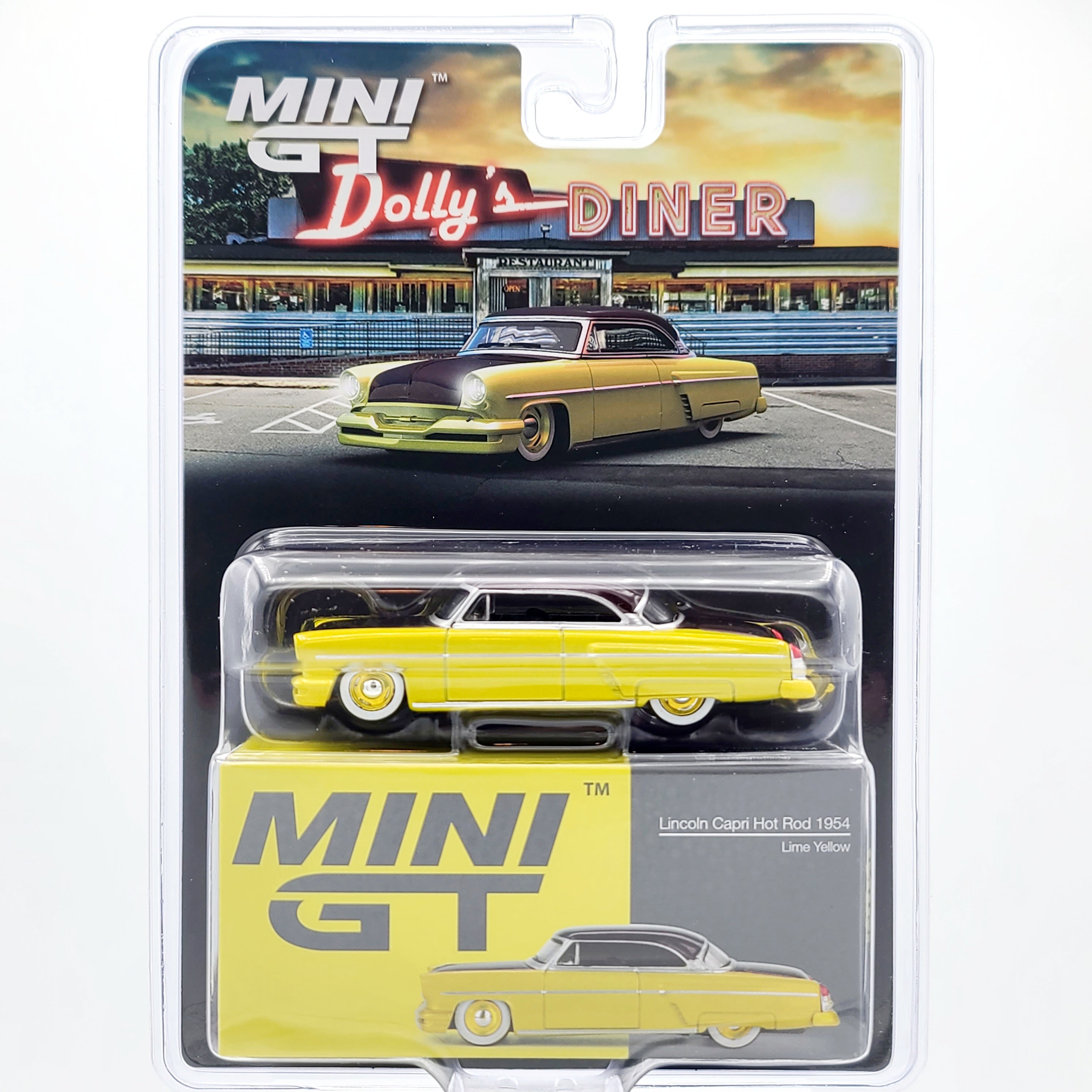 Mini GT '54 Lincoln Capri Hot Rod - 1:64 scale, Lime Yellow (2024 MIJO