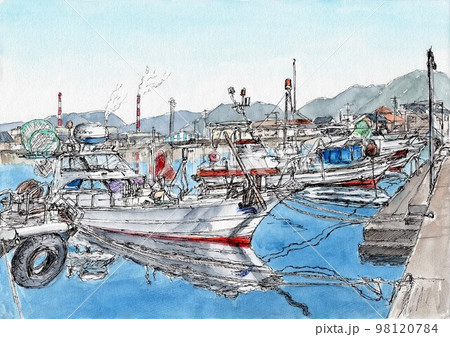 漁港 水彩画のイラスト素材 - PIXTA