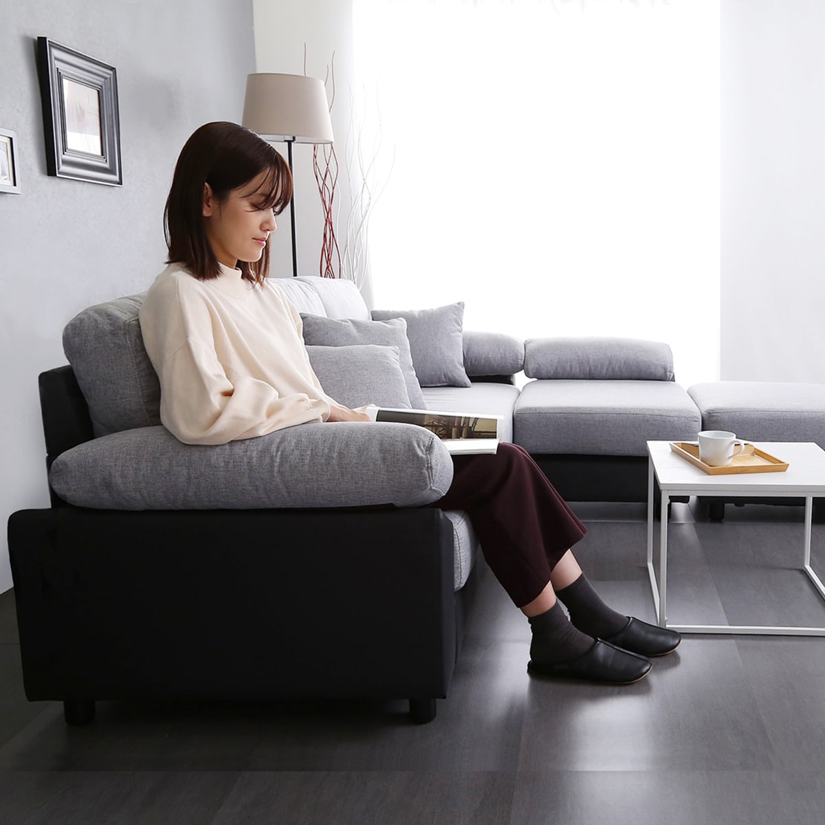 楽天市場】[幅197cm] PVC×布張り5人掛けコーナーカウチソファ (GY/BK