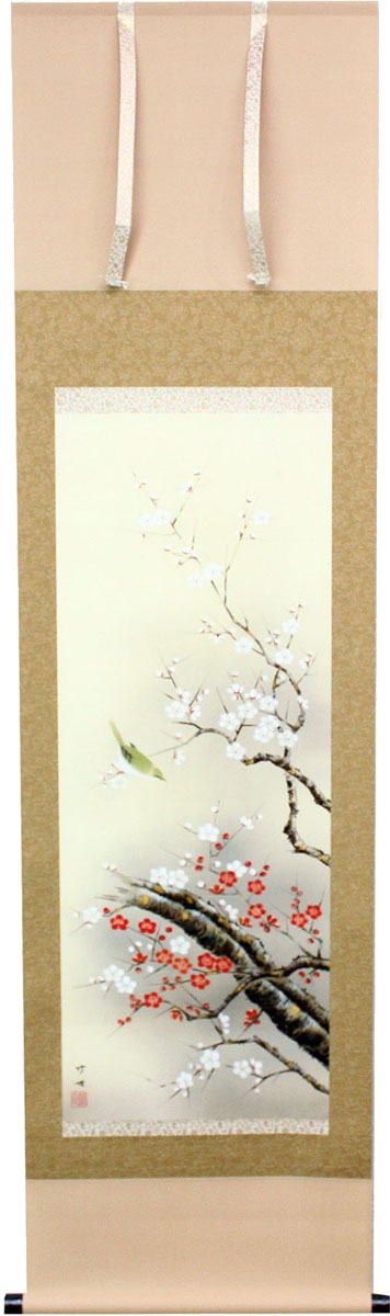 楽天市場】掛け軸 花鳥画 春掛け 田村竹世「紅白梅に鶯」掛軸 高精彩巧