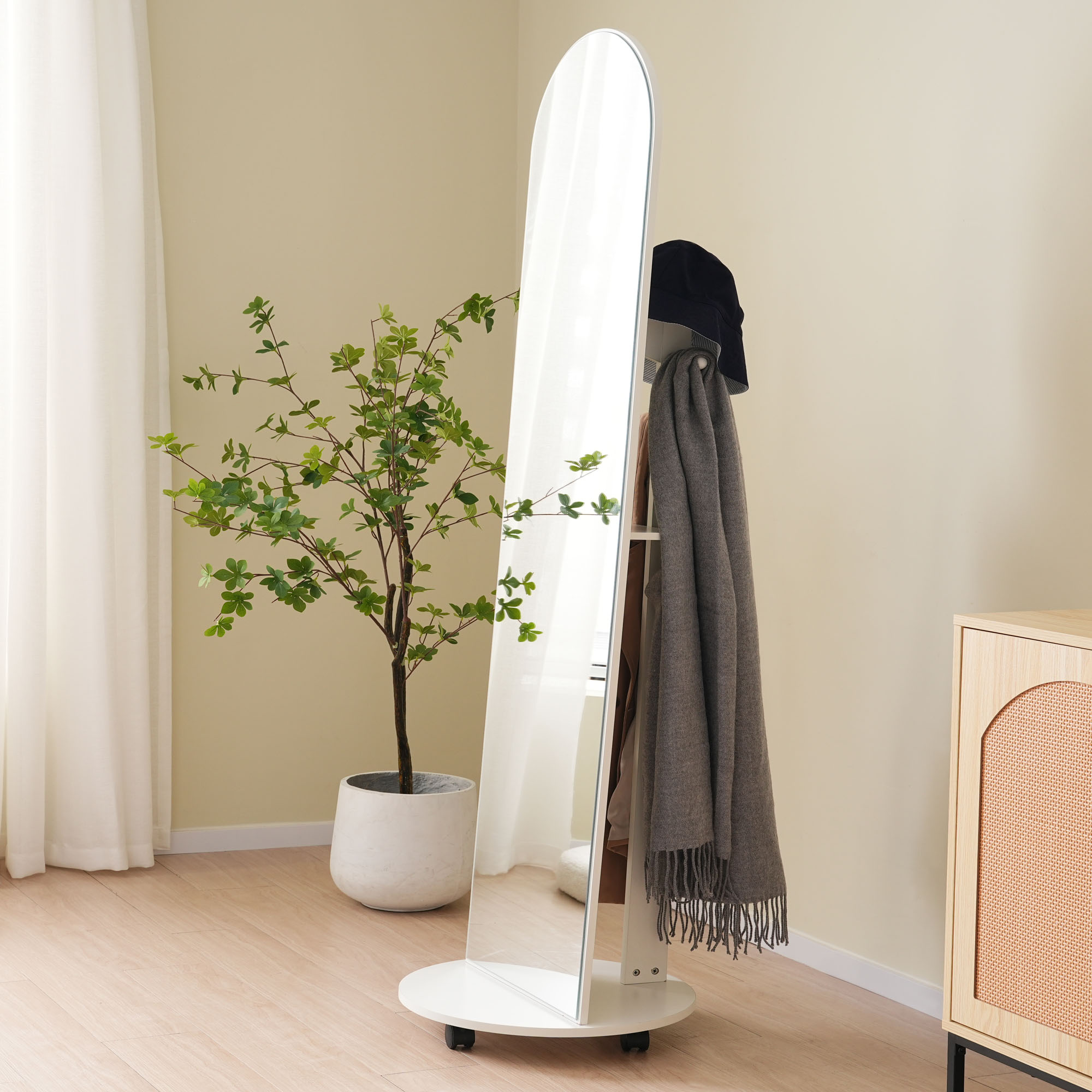 全身鏡 姿見鏡 アーチ形 ハンガーフック付き鏡 ハンガー 360°回転 飛散