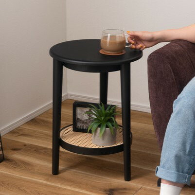楽天市場】ラウンドテーブル サイドテーブル 棚付き 2段 ラタン風