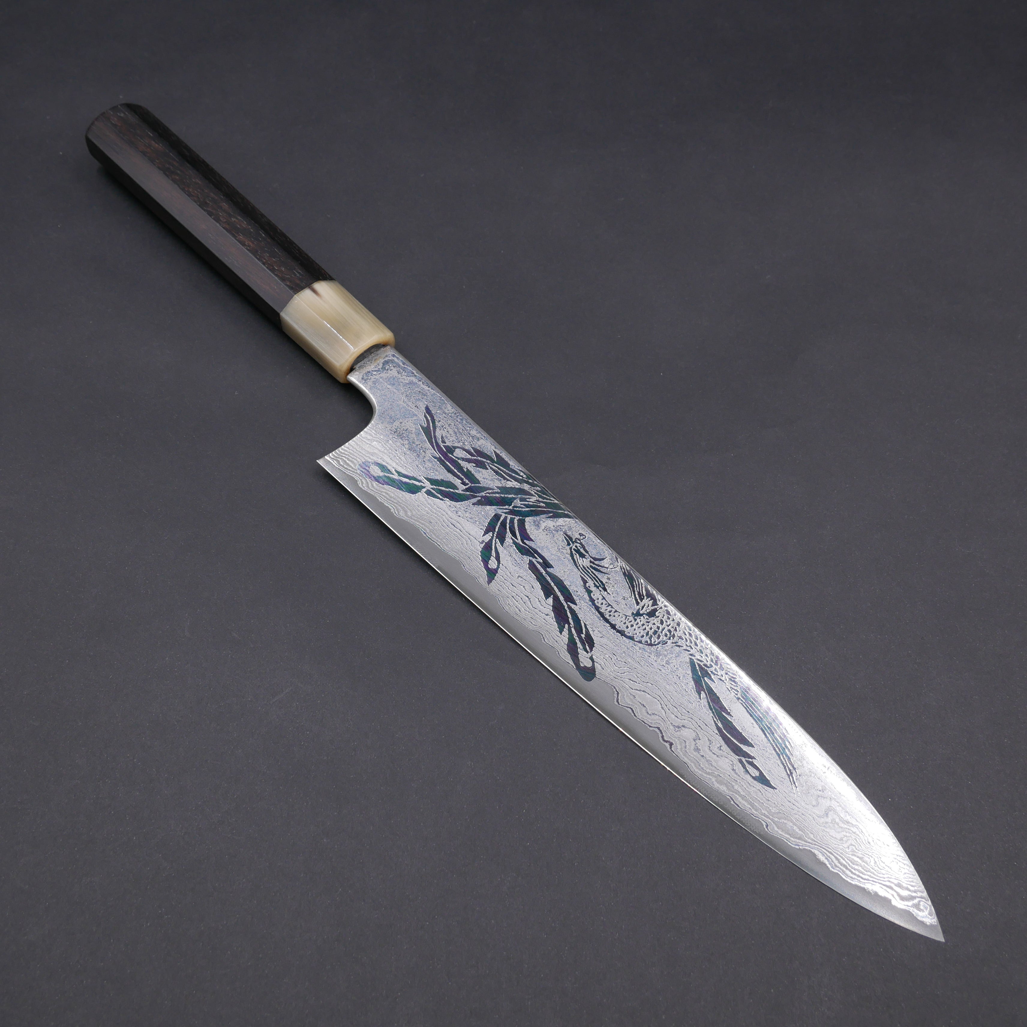 SC牛刀210mm 銀三磨き黒壇八角尺一切付型特大牛刀 黒檀黒水牛八角柄 箱