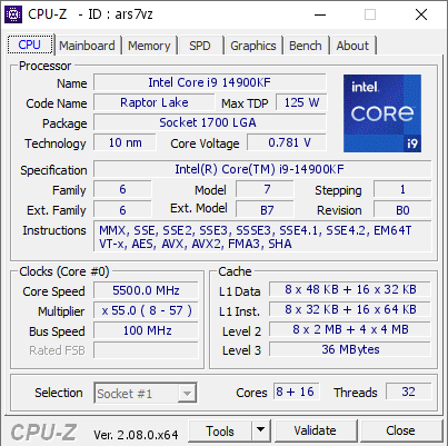 Intel Core i9 14900KF @ 5500 MHz - CPU-Z VALIDATOR