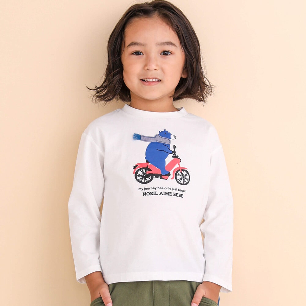 クマさん&自転車発泡プリントTシャツ(80~130cm)(80cm ホワイト
