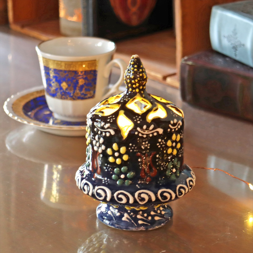 陶器のキャンドルホルダー H14.5cm ブラック/ネイビー トルコ製