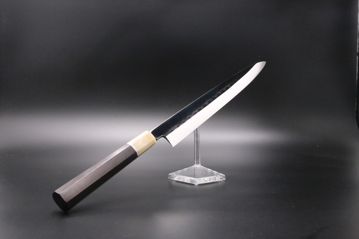 柳刃 青一鋼 300mm 水本焼 波浮かし刃文 全鏡面仕上 池田美和作 刃付