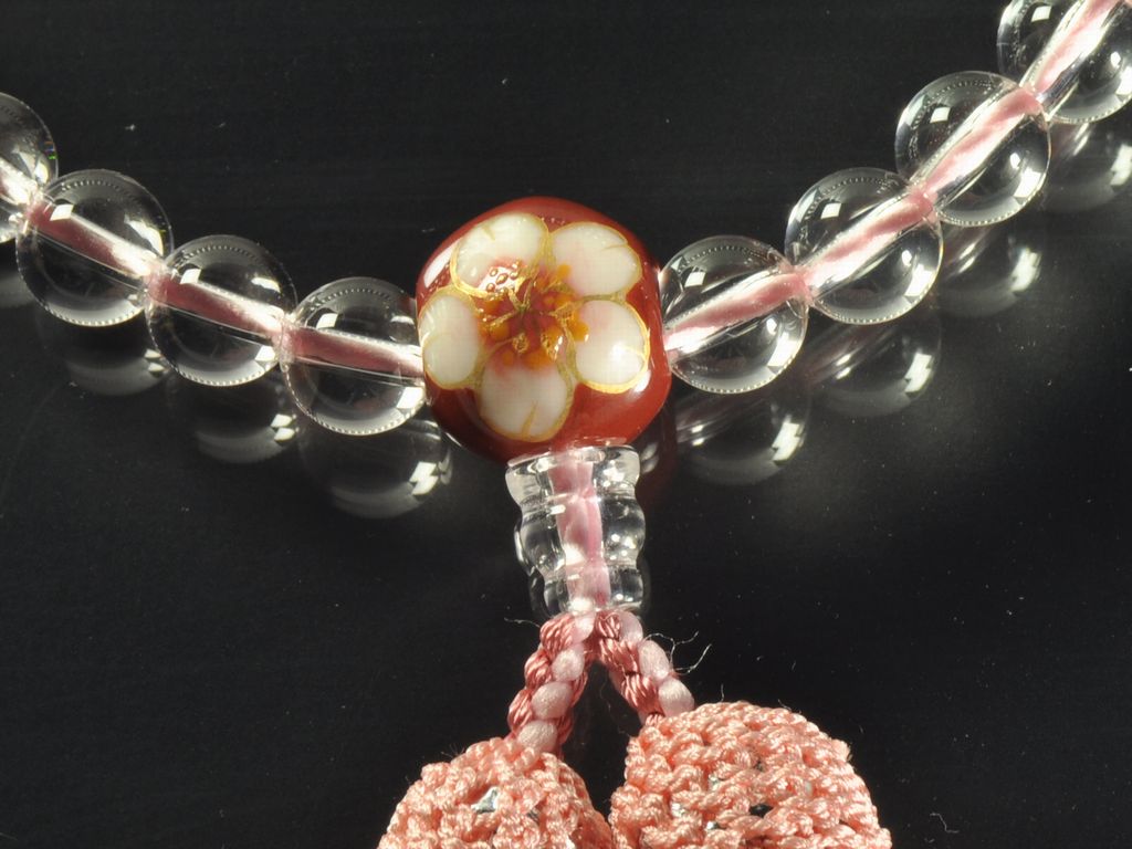 水晶（8mm）二天珊瑚 親玉清水焼（桜柄） 正絹頭付き房（桃花色-桜色