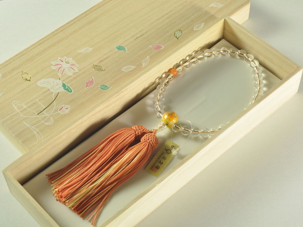 水晶（8mm）二天オレンジ瑪瑙 親玉清水焼（ポピー柄） 正絹頭付き房