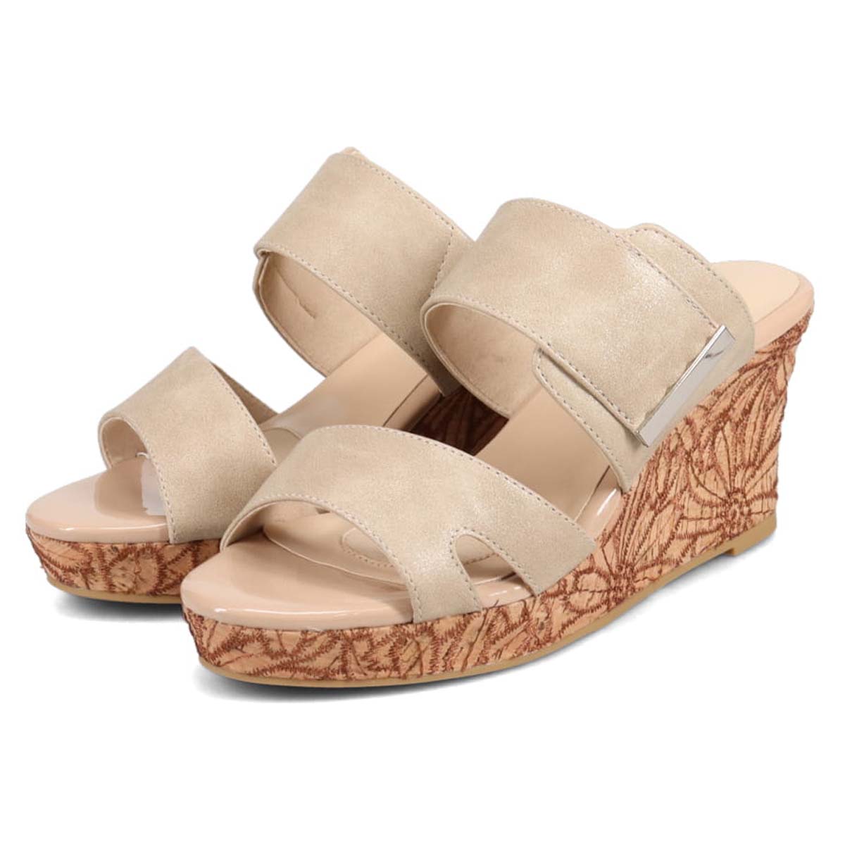 テーン tehen 透かし模様コルクヒールの異素材コンビ ミュールサンダル