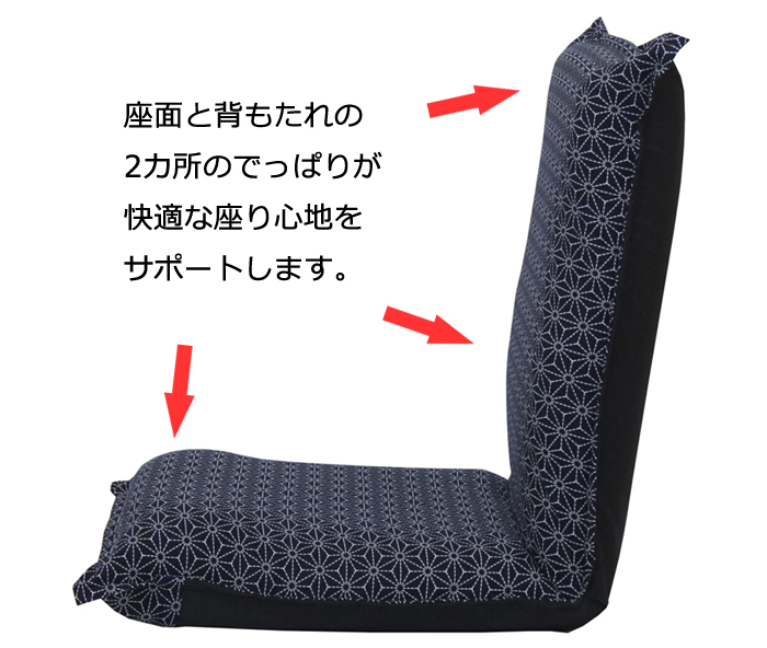 低反発座椅子 刺子柄 和柄座椅子 麻の葉模様 フリーリクライニングギア