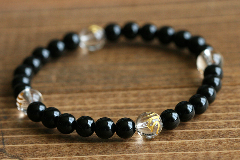 梵字（水晶）パワーストーンブレスレット（オニキス6ミリ玉＋梵字8ミリ