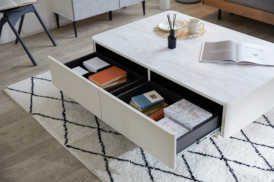 大容量リビングテーブル ホワイト×マーブルホワイト - ローテーブル