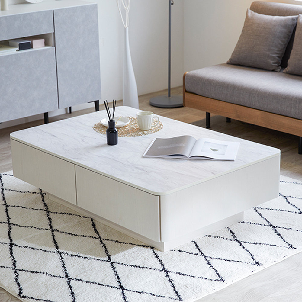 大容量リビングテーブル ホワイト×マーブルホワイト - ローテーブル