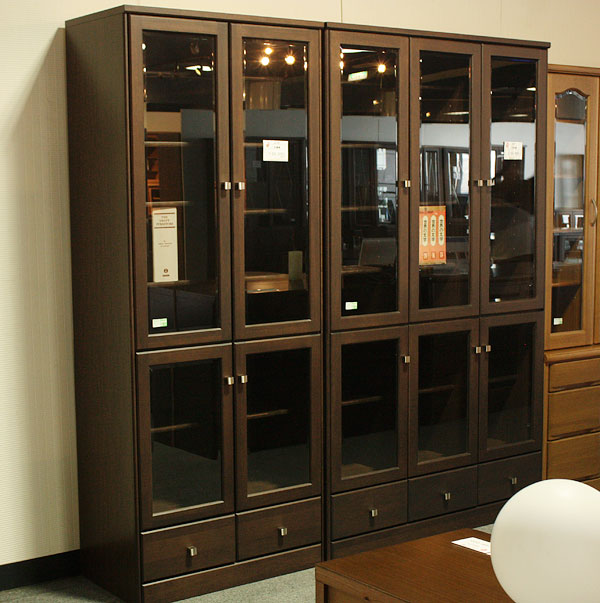 天然木・ガラス扉のハイタイプ書棚・引き出し付【書斎家具通販】