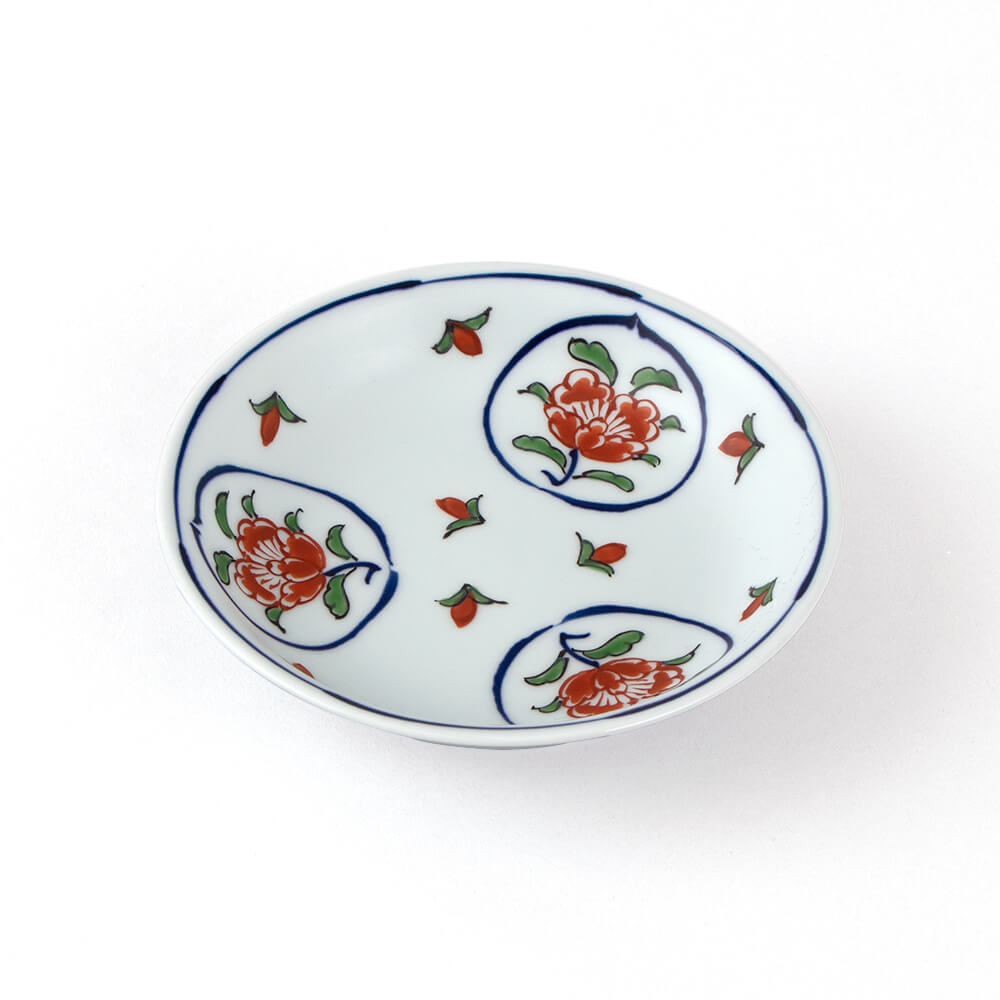 染錦牡丹丸紋（赤） 銘々皿 ｜ 有田焼の源右衛門窯公式オンラインショップ