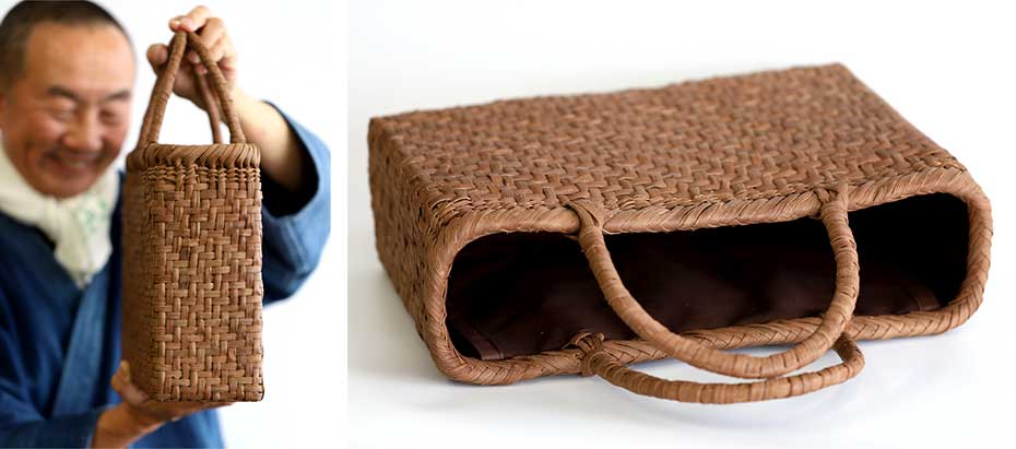 国産】山ぶどう 網代編み手提げ籠バッグ 内布付（角） | 虎斑竹専門店 竹虎