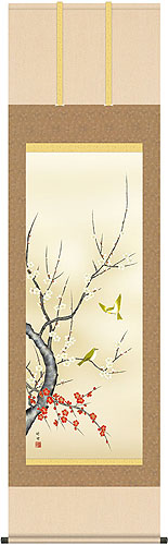 花鳥の掛け軸 田村竹世作 紅白梅に鶯