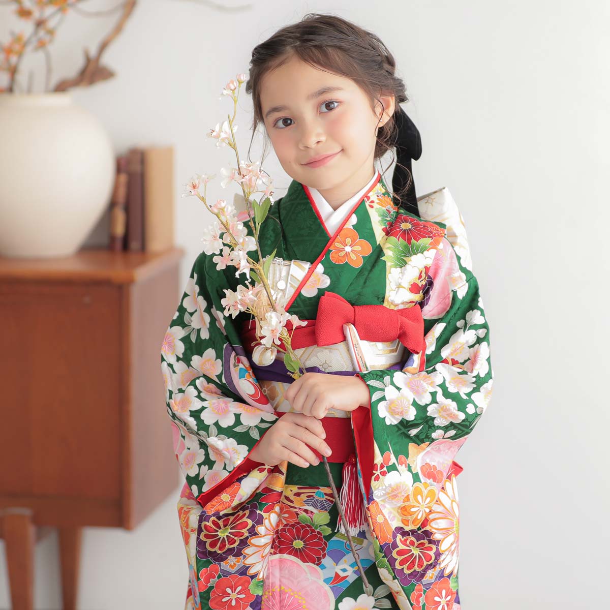 七五三七歳四つ身：N078 【正絹】緑 熨斗に花車 | 七五三着物レンタル