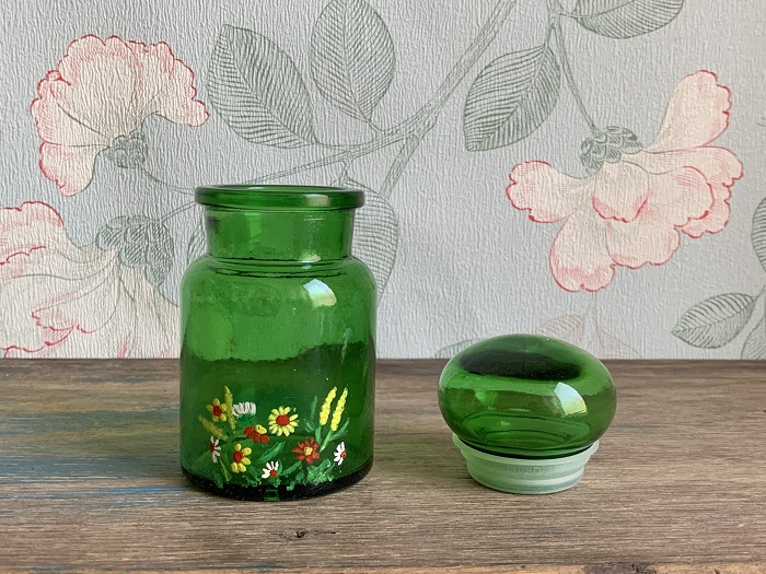 ベルギー 70s グリーンガラス お花 キャニスター ヴィンテージ | Blue