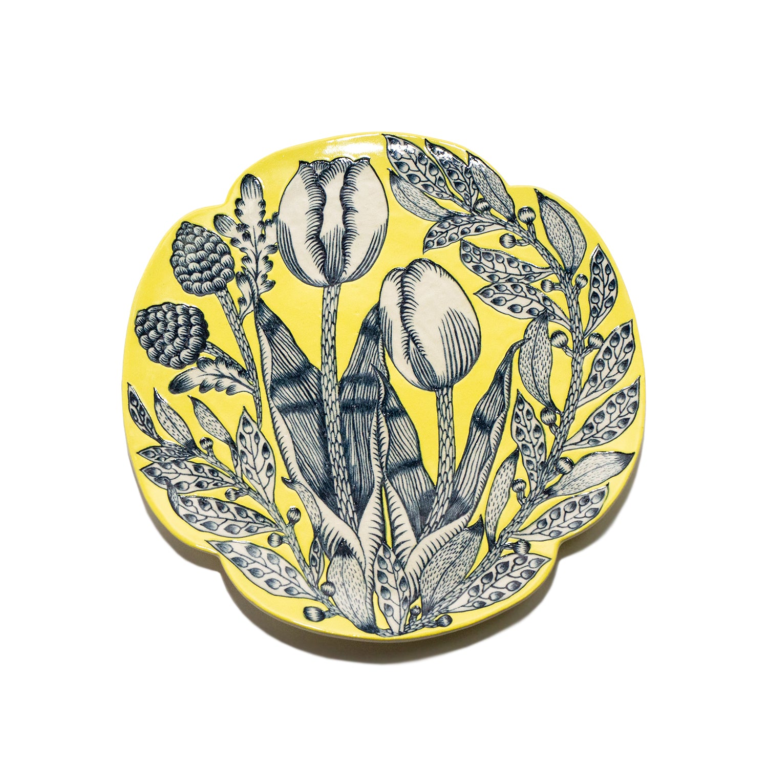 野田 夏実 大皿（Yellow） 空間に華を添える、草花が躍るアート