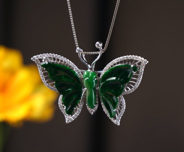 送料無料 40%OFF】台湾 老坑緑翡翠蝶ブローチネックレス 18Kゴールド