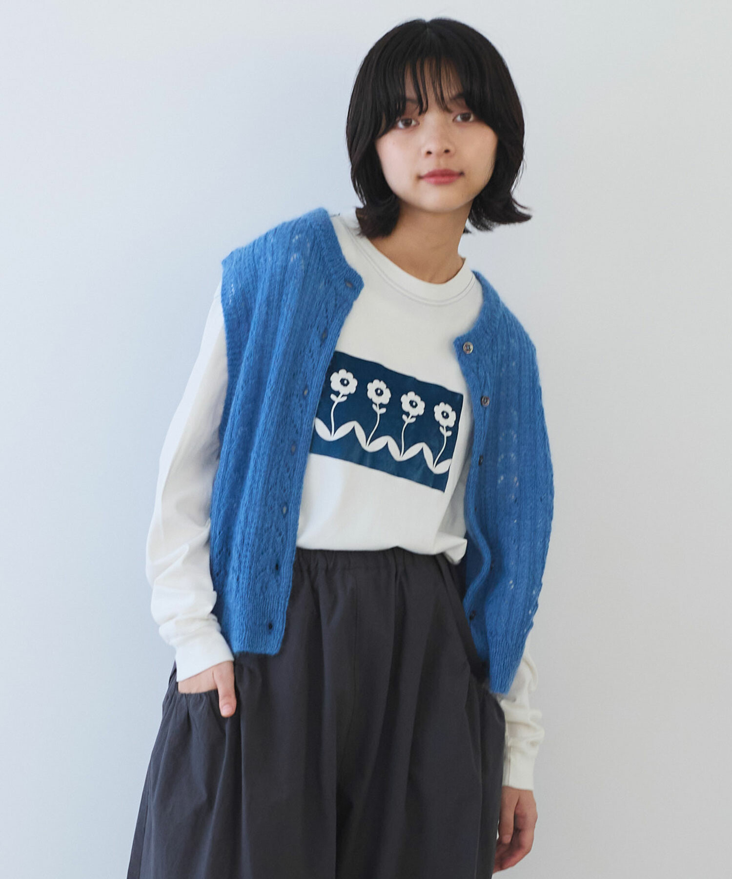 AMBIDEX Store 〇 ふわふわ 透かし編み ニットベスト(F イエロー