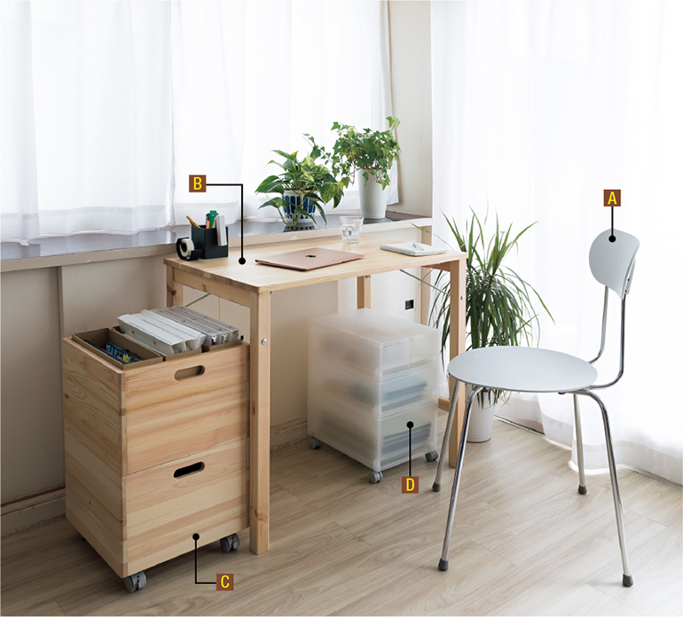 2ページ目）無印良品の可動式収納ボックスや持ち運べるテーブルで