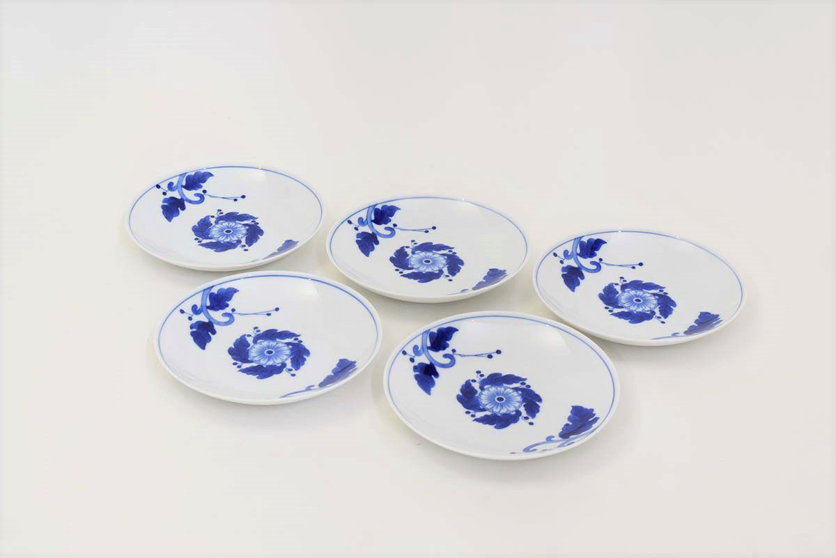 2892 深川製磁 染付唐草蓮花紋 小皿 9客 9cm 時代物 染付菊唐草