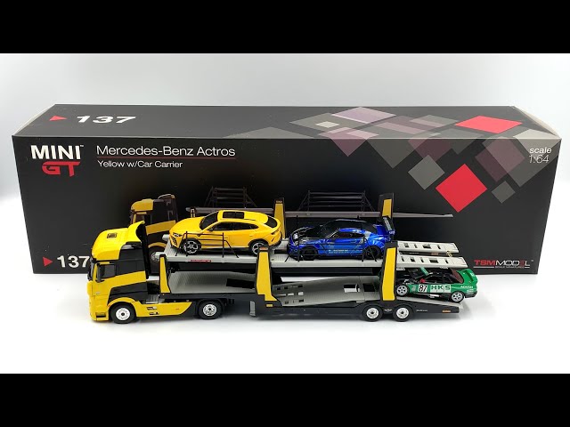 Mini-GT 1:64 Yellow MERCEDES-BENZ ACTROS Car Carrier Transport