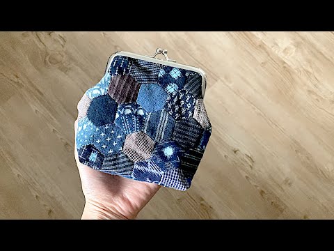 完成🪡 古布 六角形/ヘキサゴンパッチワークのがま口財布ポーチを作り