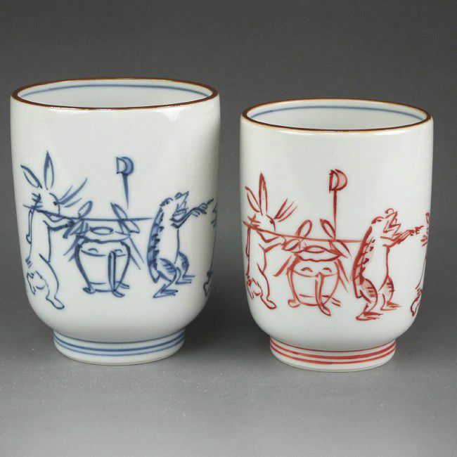 染赤絵巻夫婦湯呑み 鳳山 - 京焼清水焼 松韻堂