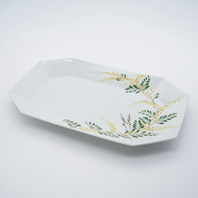 ミモザとうさぎ／八角長皿(大)｜空萌工房(そらもえこうぼう)｜田口紀美子