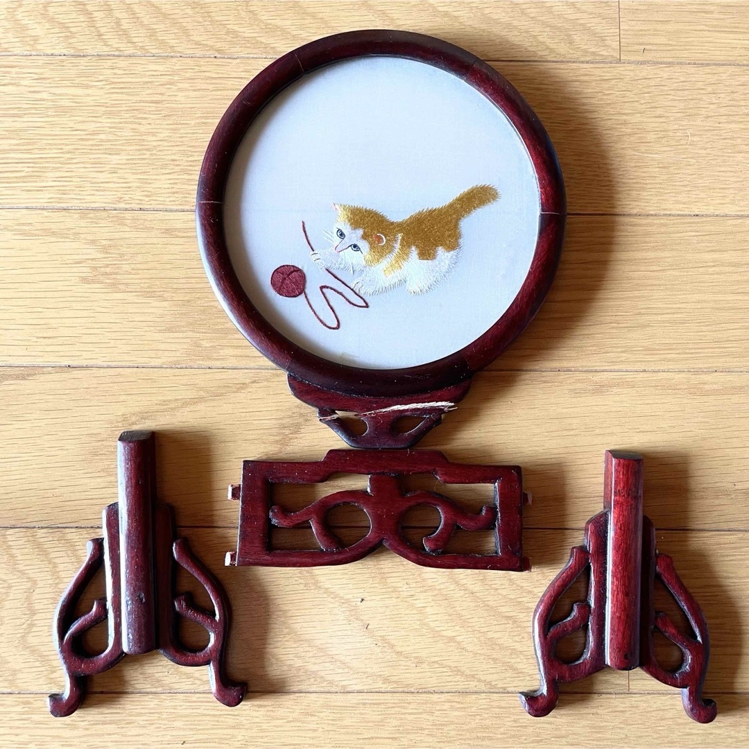 VINTAGE - アンティーク中国美術 工芸品 中国蘇州 刺繍 猫 ねこ 両面