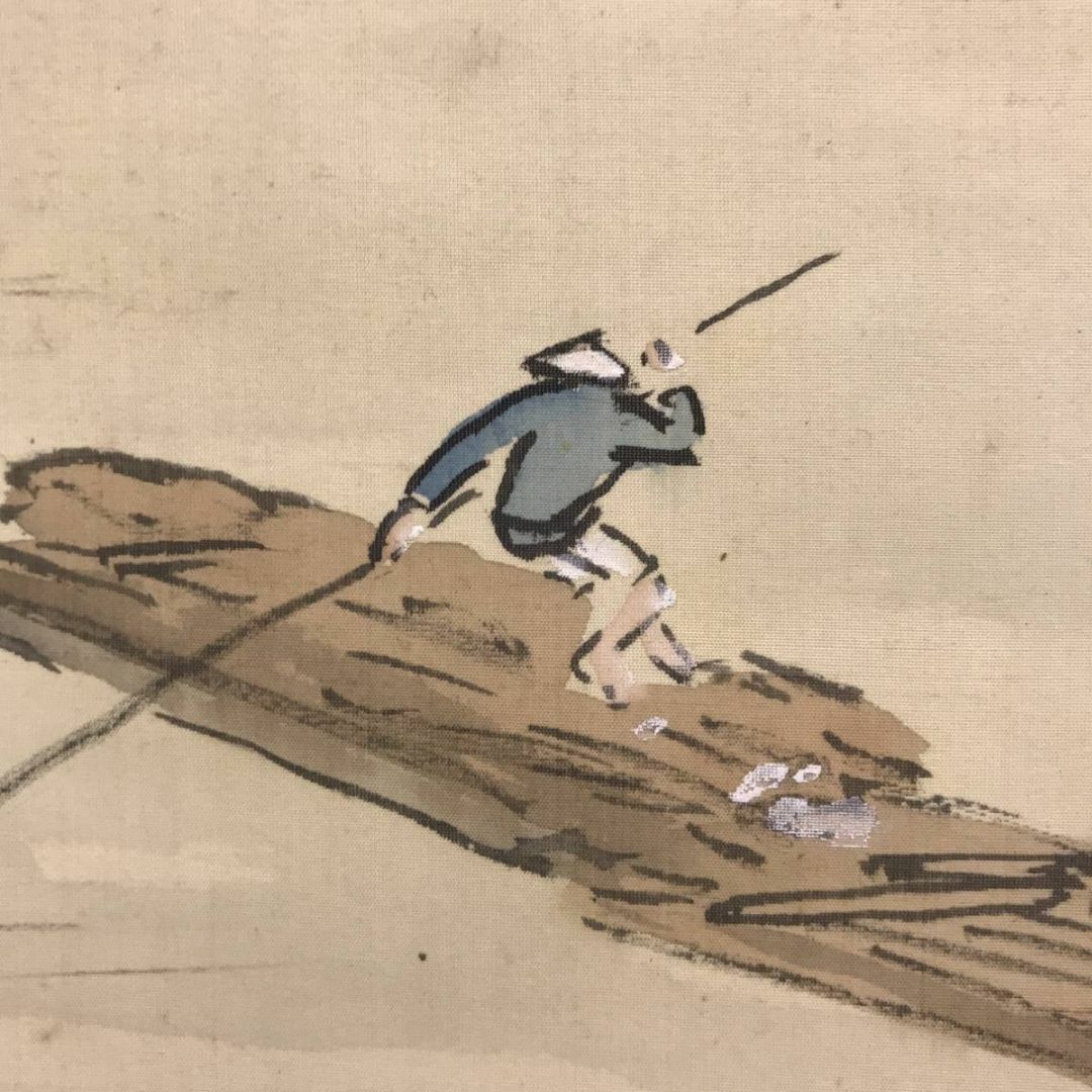 真作】小山春翠/桜花筏下り図/山水図/春景山水図/掛軸☆宝船☆AD-913の