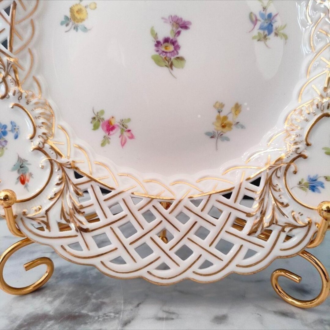 MEISSEN - 20.5㎝☆マイセン 透かしプレート 美品 小花 フワラー 金彩