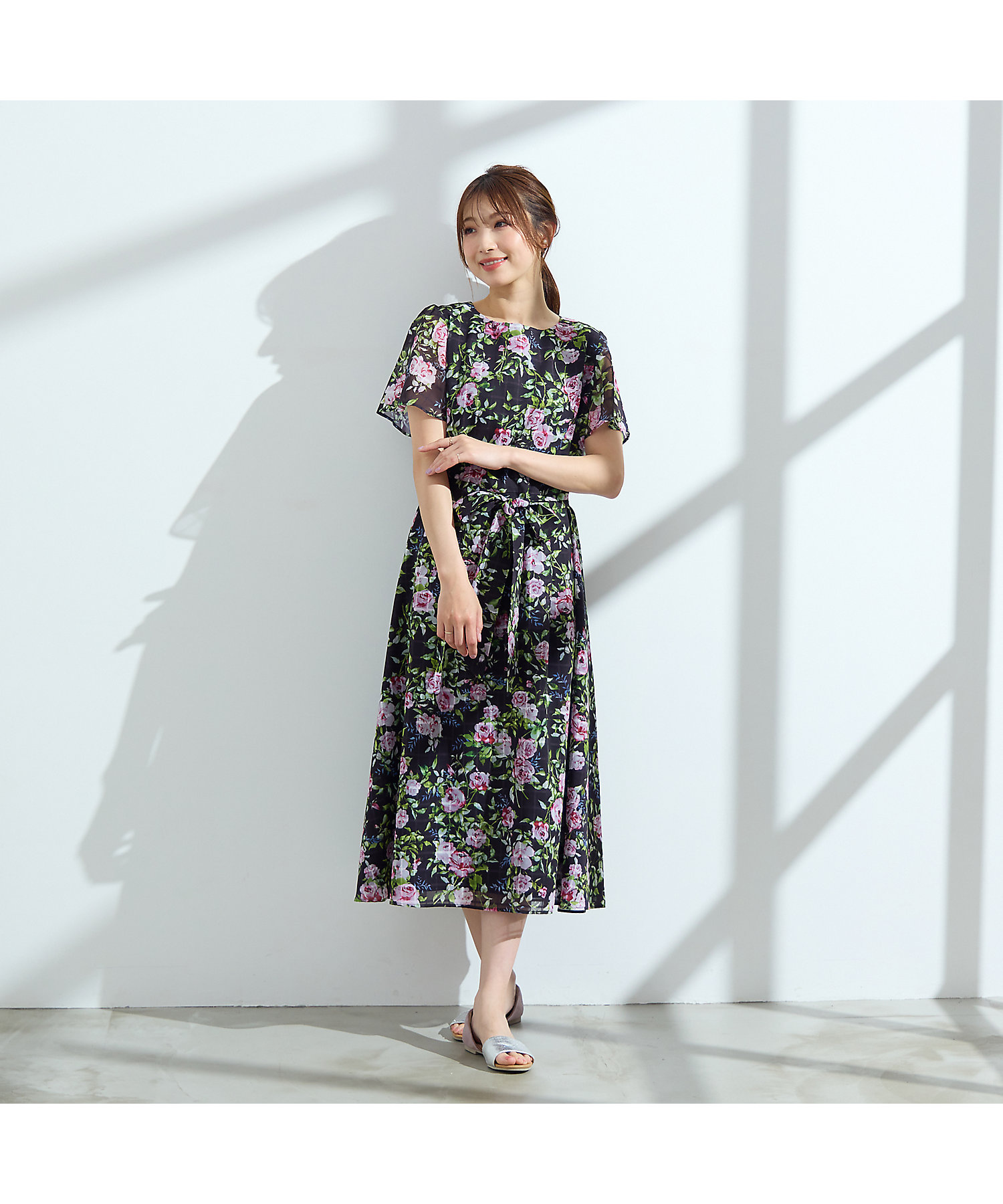 美ワンピ／手洗いOK】ローズプリントワンピース（51013507