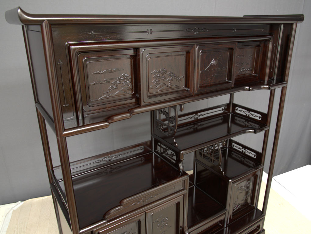 飾り棚: 紫檀 7枚戸 彫り入り 3.8尺棚 no.8627 / 唐木家具OSAKA