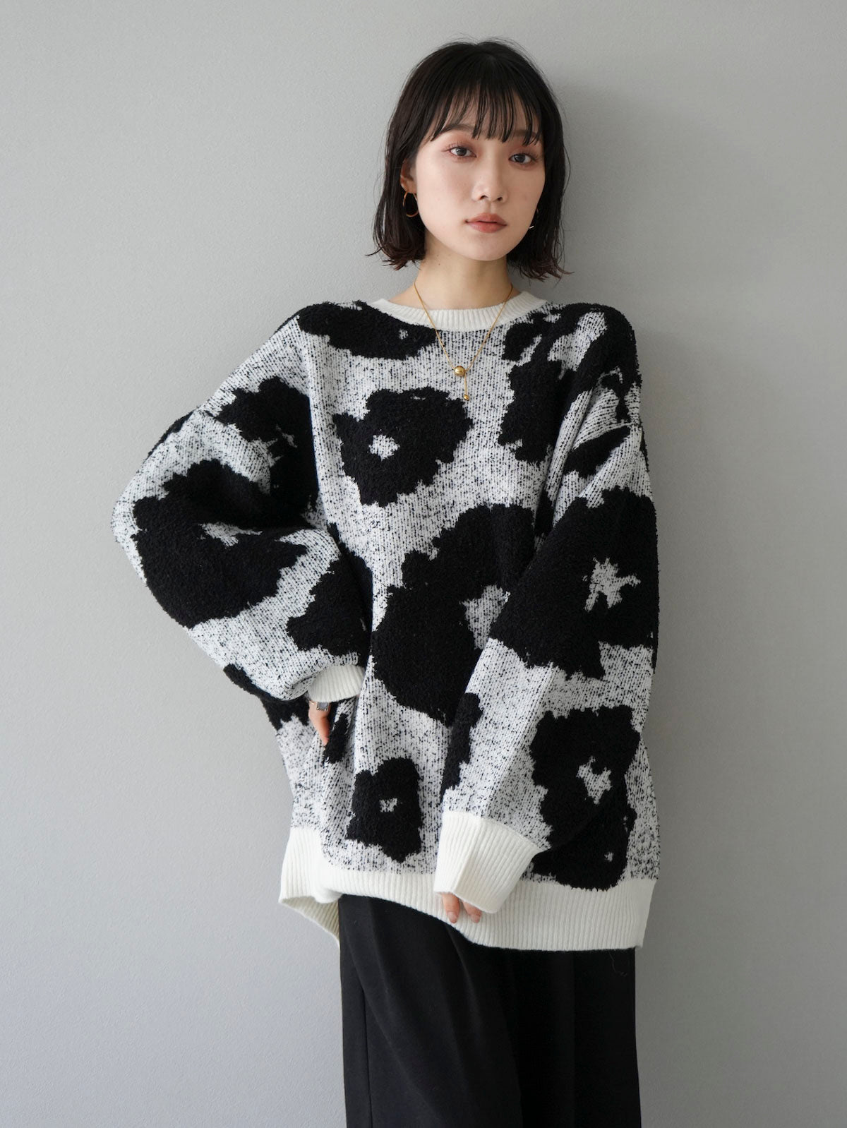 予約]異素材ニュアンス柄ニット/アイボリーxブラック – Lumier
