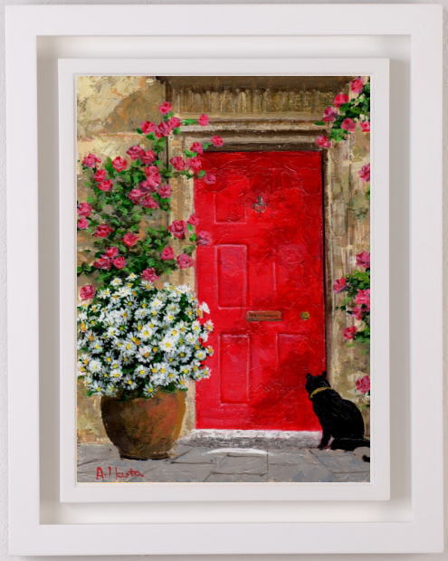 油絵の絵画で生田明が描いた猫の絵の油絵「赤い扉とネコ」を購入