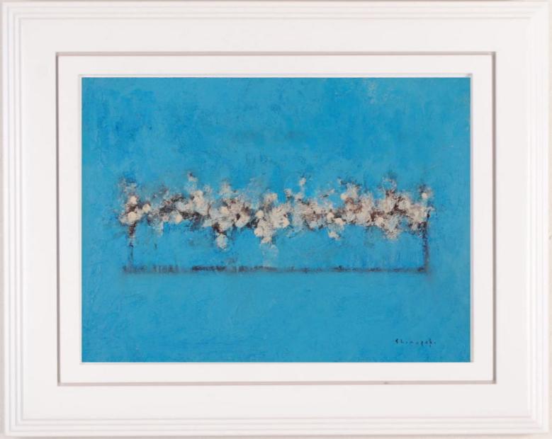 花の絵画を油絵で描いた篠崎晴夫の花の絵「青い背景の白い花」を通販で販売