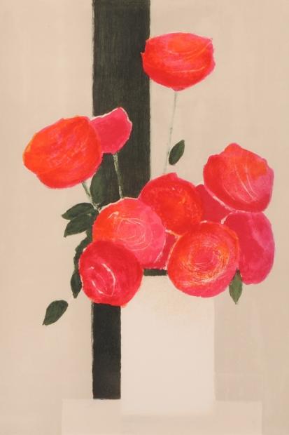 ベルナール・カトランがリトグラフの版画で制作した花の絵画「黒い帯の