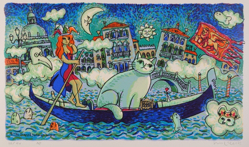 マイケル・ルーのポップアートの猫の絵画「真夏の夜の冒険」をご購入