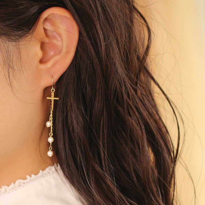 ピアス クリスマスツリー 十字架 クロス パール ステンレスフック