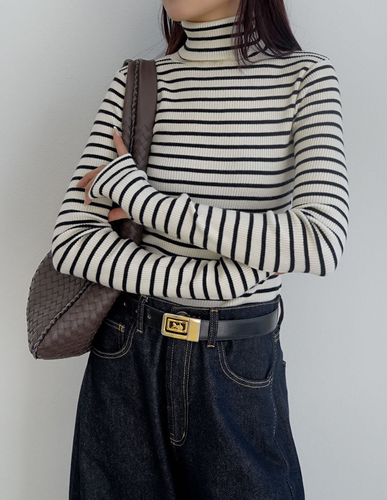 指穴リブニットタートルネックトップス - トップス通販 | 人気