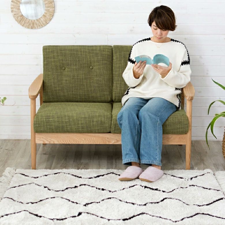 ソファ 二人掛け 肘置き付き 幅127cm 木製 グリーン 緑 ファブリック