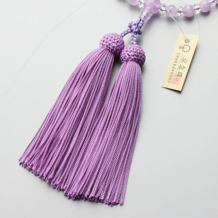 数珠 女性用 藤雲石7mm 水晶平切子コンビ 上仕立 正絹房 (藤色) — 仏壇