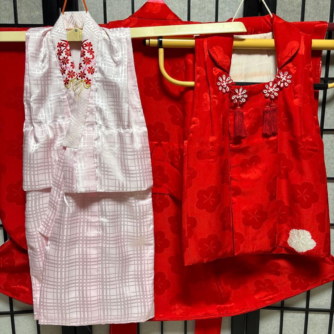 七五三　着物セット　被布　3歳　赤色　白色　正絹　綸子
