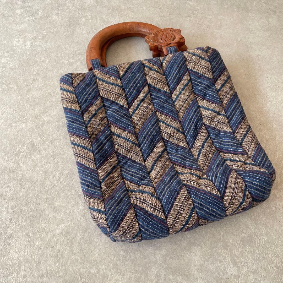 美品【定価2.5万】紬 ヘリンボーン ウッドハンドル パッチワーク バッグ